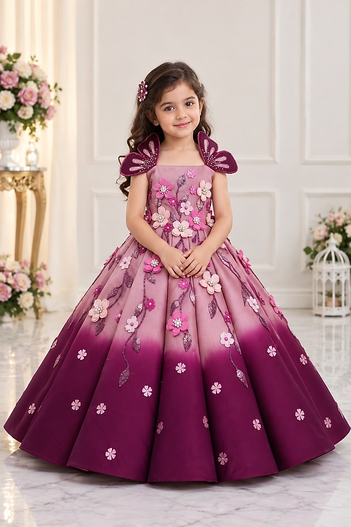 Plum Purple & Lilac Organza Floral Embroidered Gown For Girls by Li & Li Boutique at Pernia's Pop Up Shop