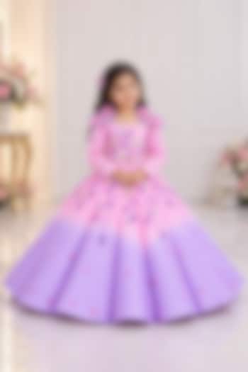 Lavender & Pink Satin Floral Embellished Gown For Girls by Li & Li Boutique at Pernia's Pop Up Shop
