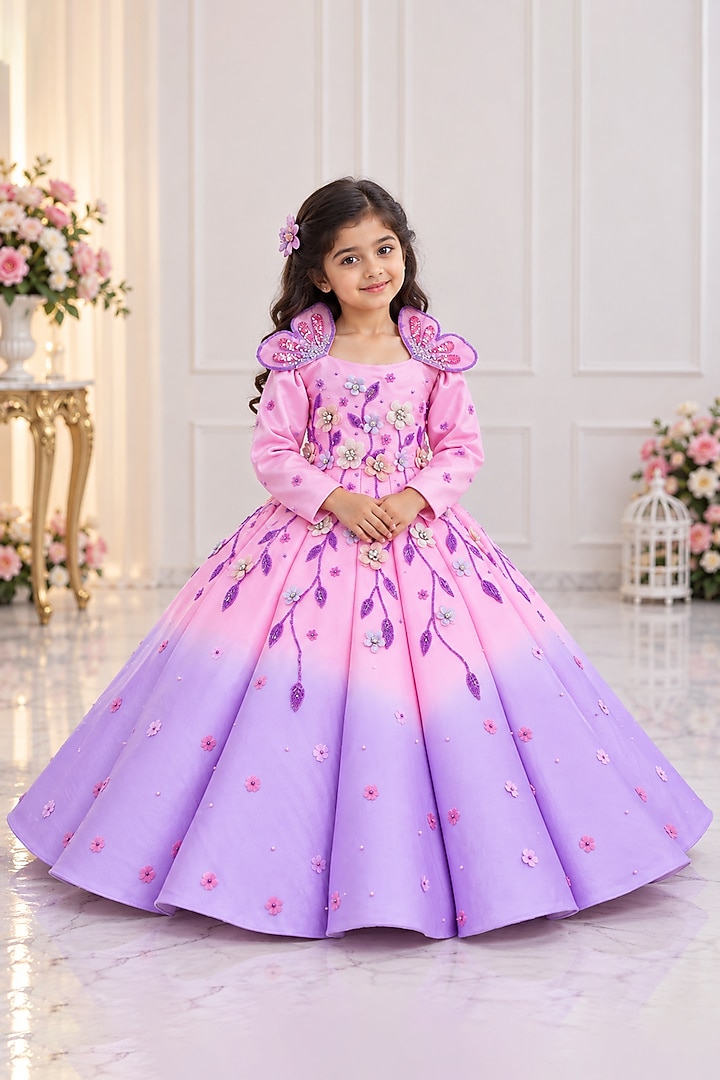 Lavender & Pink Satin Floral Embellished Gown For Girls by Li & Li Boutique at Pernia's Pop Up Shop