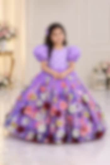 Lavender Net Hand Embroidered Ball Gown For Girls by Li & Li Boutique at Pernia's Pop Up Shop