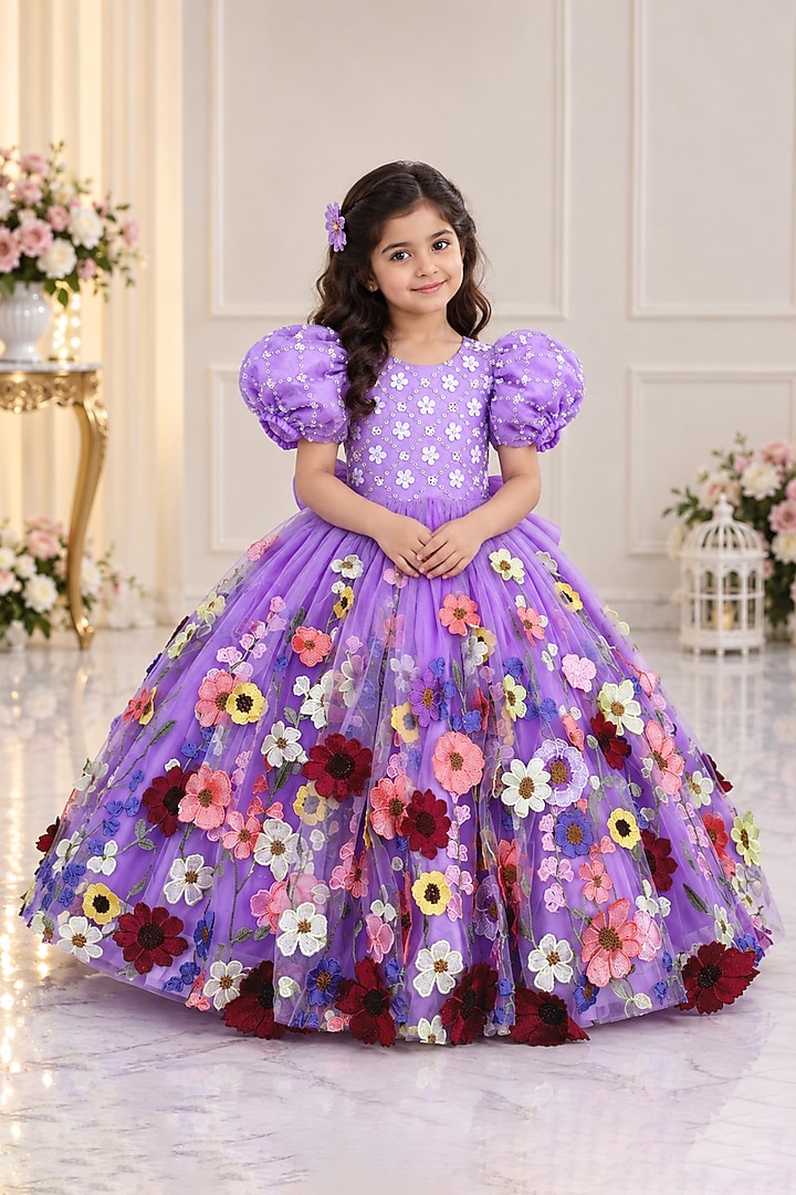 Lavender Net Hand Embroidered Ball Gown For Girls by Li & Li Boutique at Pernia's Pop Up Shop