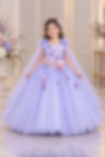 Dusty Blue Net Floral Hand Embellished Gown For Girls by Li & Li Boutique at Pernia's Pop Up Shop