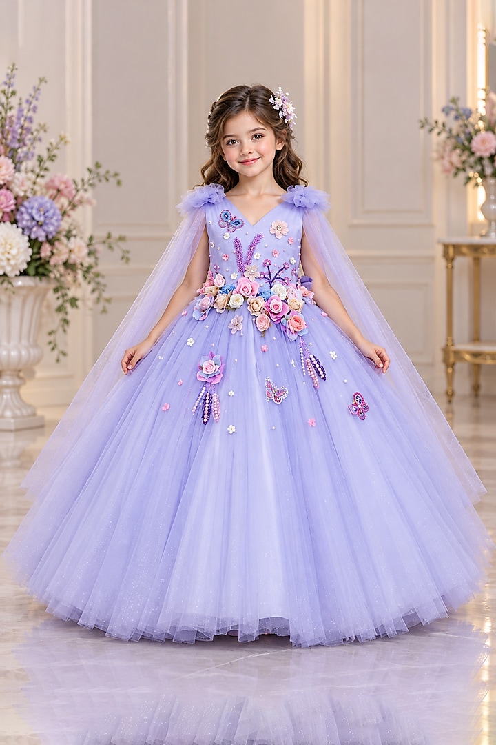 Dusty Blue Net Floral Hand Embellished Gown For Girls by Li & Li Boutique at Pernia's Pop Up Shop