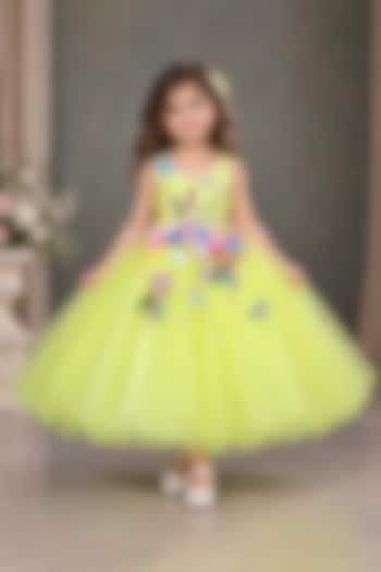 Yellow Net Floral Hand Embellished Gown For Girls by Li & Li Boutique at Pernia's Pop Up Shop
