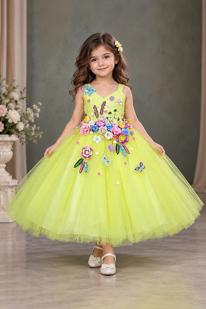 Yellow Net Floral Hand Embellished Gown For Girls by Li & Li Boutique at Pernia's Pop Up Shop