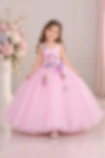 Icy Pink Net Floral Hand Embellished Gown For Girls by Li & Li Boutique at Pernia's Pop Up Shop