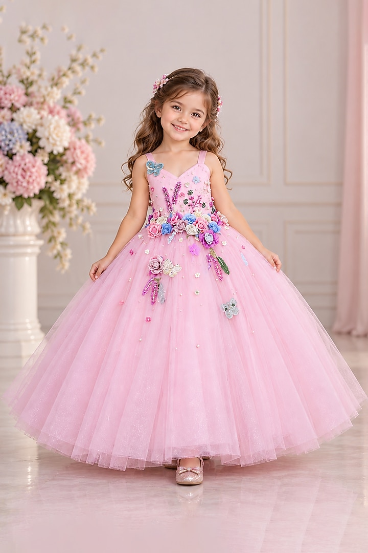 Icy Pink Net Floral Hand Embellished Gown For Girls by Li & Li Boutique at Pernia's Pop Up Shop