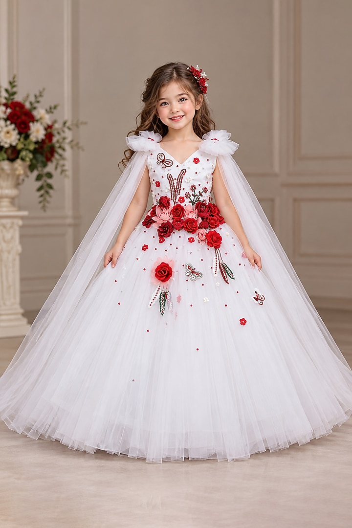 White Net Floral Hand Embellished Gown For Girls by Li & Li Boutique at Pernia's Pop Up Shop