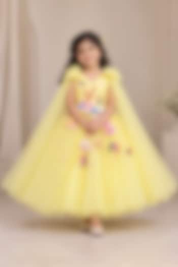Yellow Net Floral Hand Embellished Gown For Girls by Li & Li Boutique at Pernia's Pop Up Shop