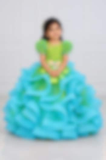 Lime & Turquoise Net Crystal Embellished Gown For Girls by Li & Li Boutique at Pernia's Pop Up Shop
