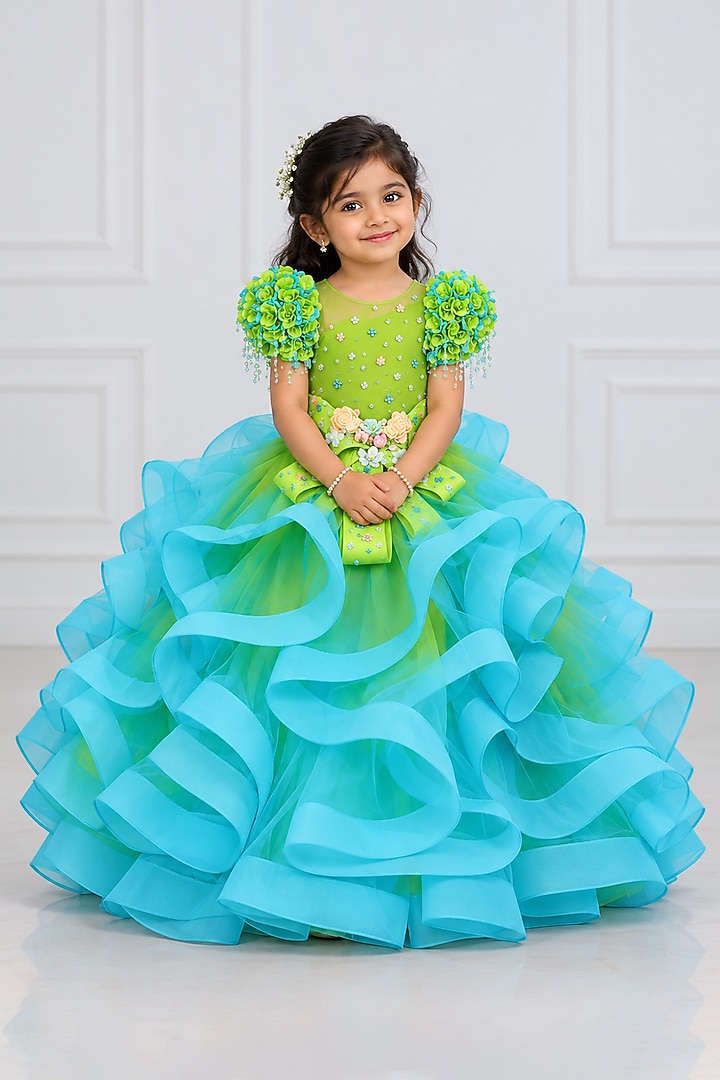 Lime & Turquoise Net Crystal Embellished Gown For Girls by Li & Li Boutique at Pernia's Pop Up Shop