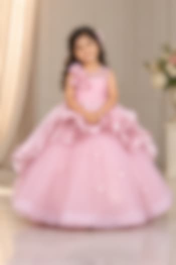 Pastel Pink Net 3D Floral Applique Embellished Gown For Girls by Li & Li Boutique at Pernia's Pop Up Shop