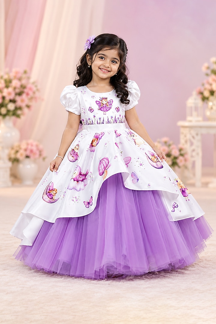 Lavender & Pearl White Satin Gown For Girls by Li & Li Boutique at Pernia's Pop Up Shop