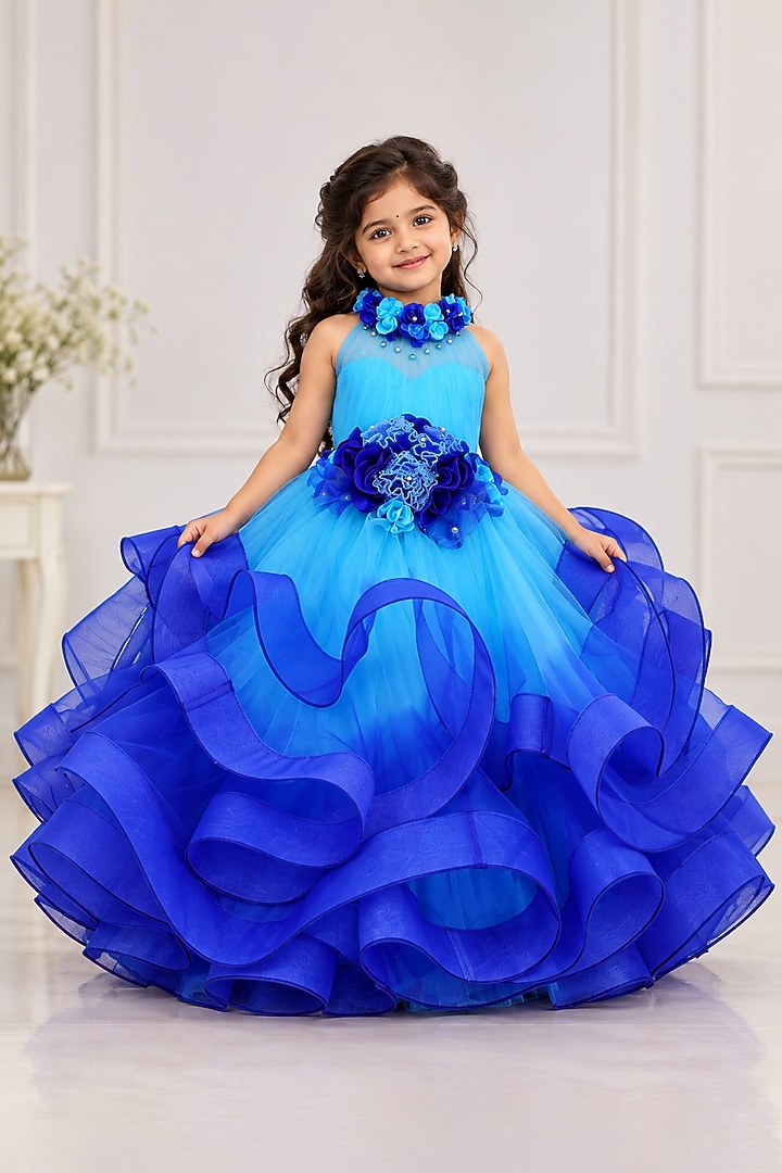 Baby Blue Net Floral Embroidered Gown For Girls by Li & Li Boutique at Pernia's Pop Up Shop