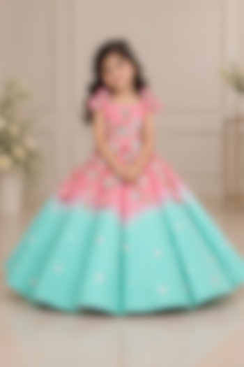 Flamingo Pink & Sage Green Satin Floral Hand Embroidered Gown For Girls by Li & Li Boutique at Pernia's Pop Up Shop
