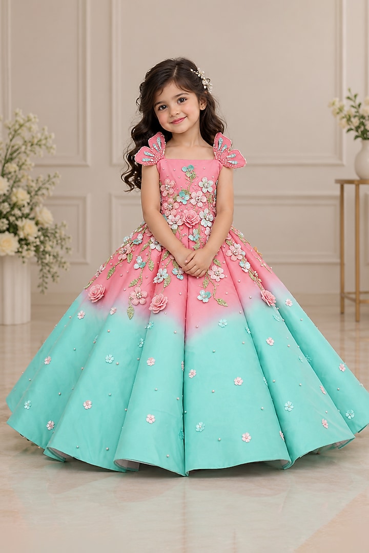 Flamingo Pink & Sage Green Satin Floral Hand Embroidered Gown For Girls by Li & Li Boutique at Pernia's Pop Up Shop