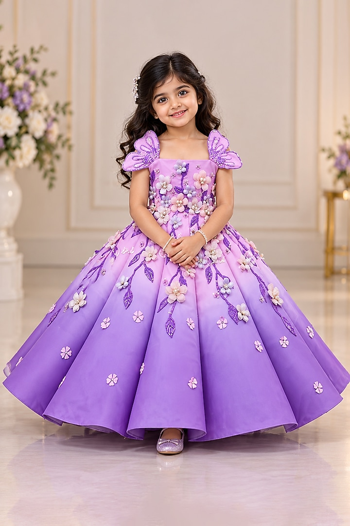 Lavender & Pink Organza Polka Dot Hand Painted Gown For Girls by Li & Li Boutique at Pernia's Pop Up Shop