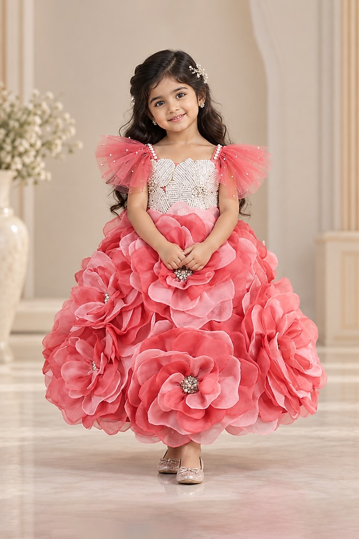 Fruit Pink Organza Floral Embroidered Gown For Girls by Li & Li Boutique at Pernia's Pop Up Shop