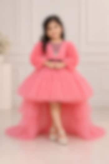 Flamingo Peach Net Crystal Embellished High-Low Gown For Girls by Li & Li Boutique at Pernia's Pop Up Shop