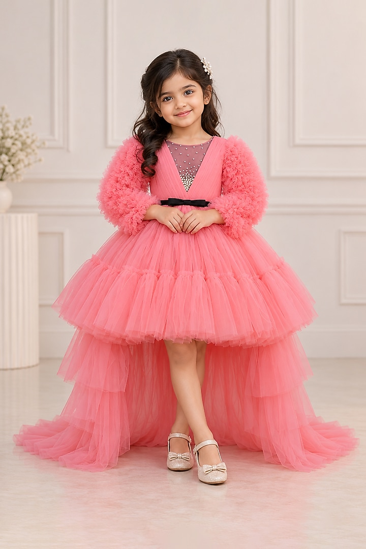 Flamingo Peach Net Crystal Embellished High-Low Gown For Girls by Li & Li Boutique at Pernia's Pop Up Shop