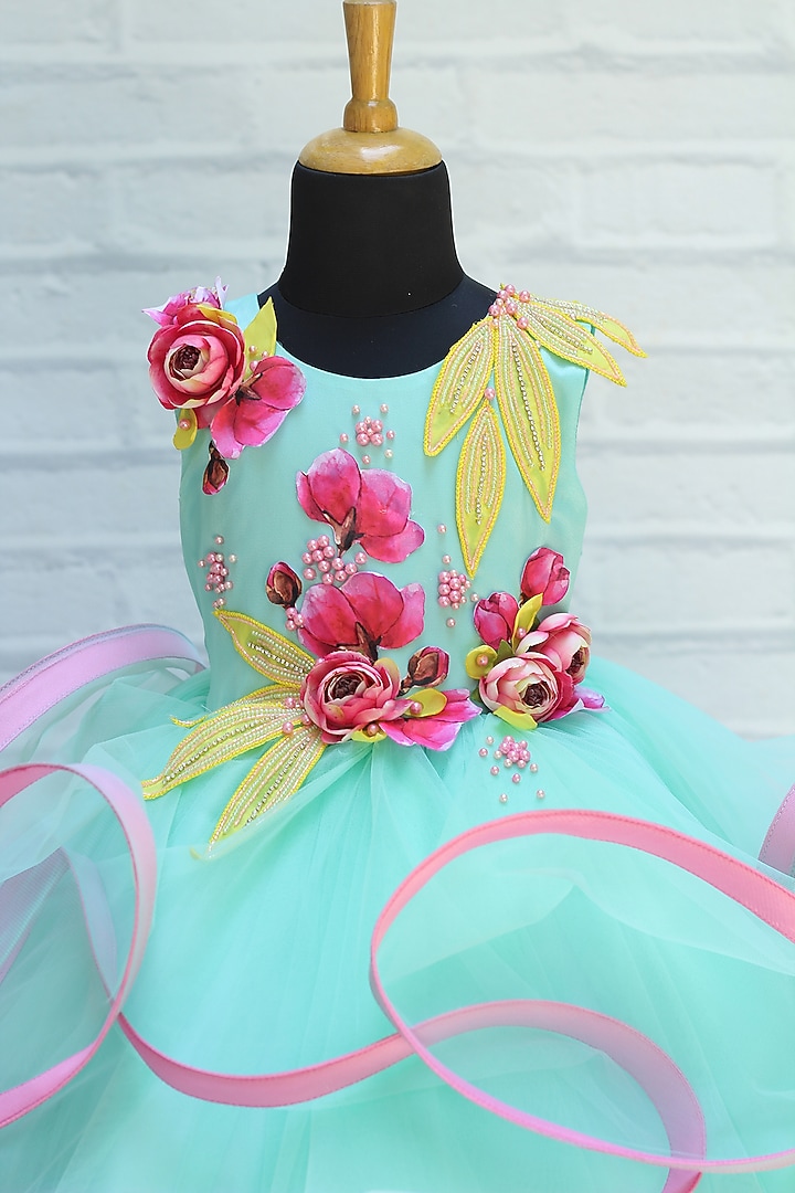 Pale Aqua Blue Net & Satin Floral Embroidered Gown For Girls by Li & Li Boutique at Pernia's Pop Up Shop