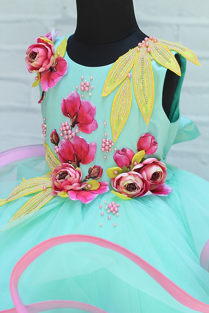 Pale Aqua Blue Net & Satin Floral Embroidered Gown For Girls by Li & Li Boutique at Pernia's Pop Up Shop
