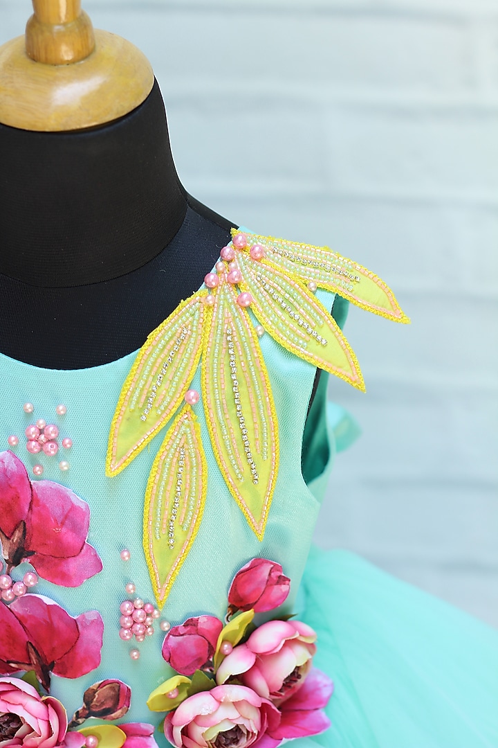 Pale Aqua Blue Net & Satin Floral Embroidered Gown For Girls by Li & Li Boutique at Pernia's Pop Up Shop