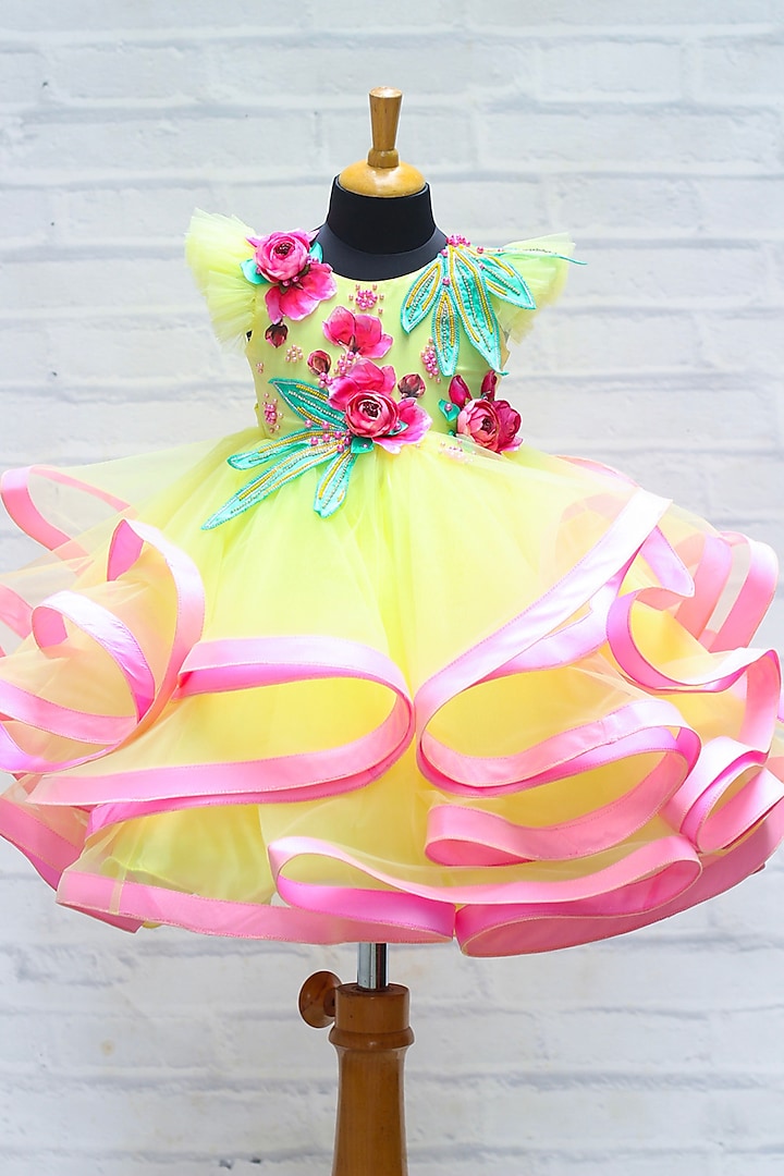 Candy Yellow Net & Satin Floral Embroidered Gown For Girls by Li & Li Boutique at Pernia's Pop Up Shop