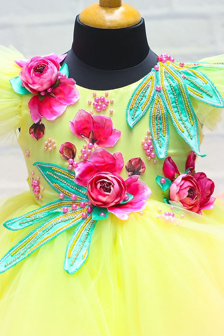 Candy Yellow Net & Satin Floral Embroidered Gown For Girls by Li & Li Boutique at Pernia's Pop Up Shop