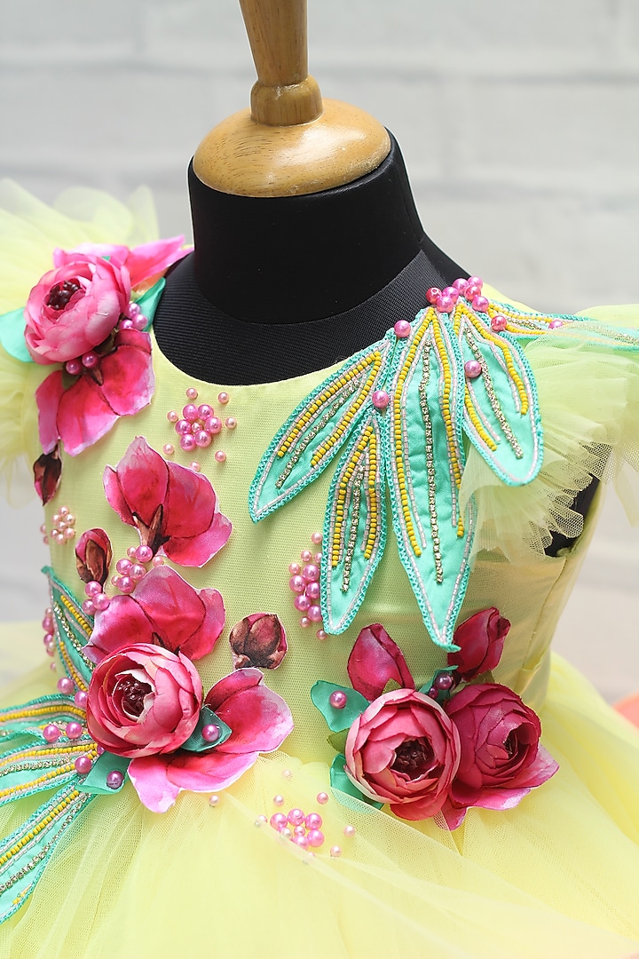 Candy Yellow Net & Satin Floral Embroidered Gown For Girls by Li & Li Boutique at Pernia's Pop Up Shop