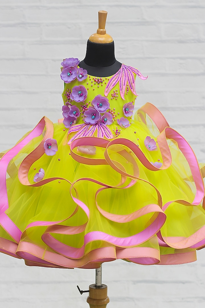 Lime Green & Pink Net & Satin Embroidered Twirl Gown For Girls by Li & Li Boutique at Pernia's Pop Up Shop