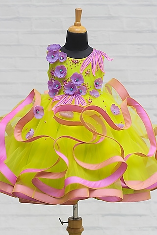 Lime Green & Pink Net & Satin Embroidered Twirl Gown For Girls by Li & Li Boutique
