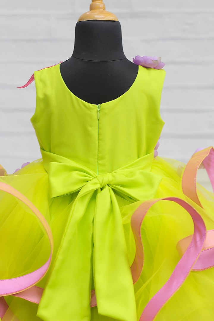 Lime Green & Pink Net & Satin Embroidered Twirl Gown For Girls by Li & Li Boutique at Pernia's Pop Up Shop