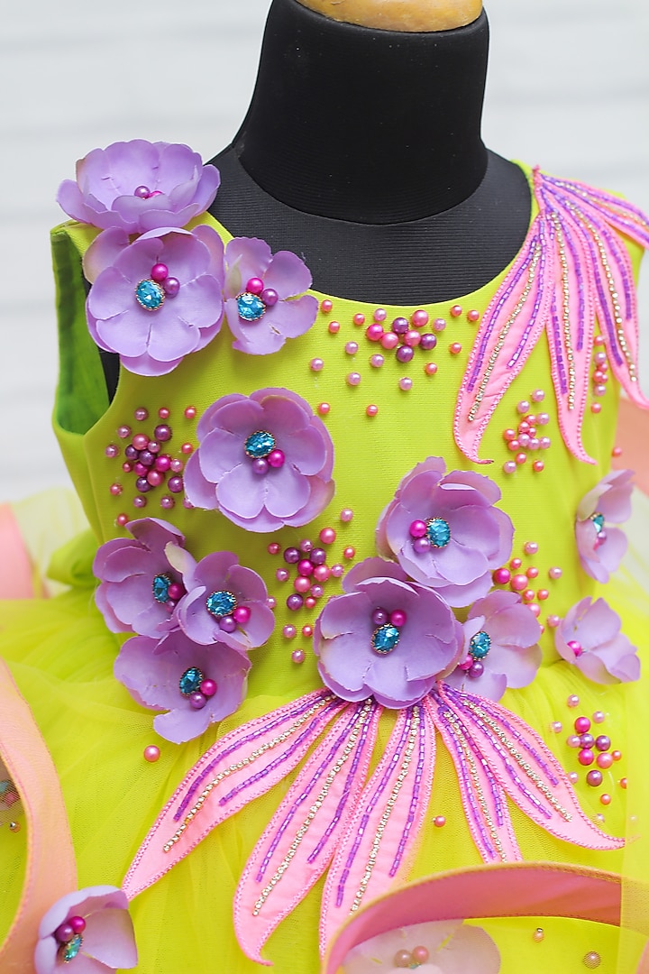 Lime Green & Pink Net & Satin Embroidered Twirl Gown For Girls by Li & Li Boutique at Pernia's Pop Up Shop