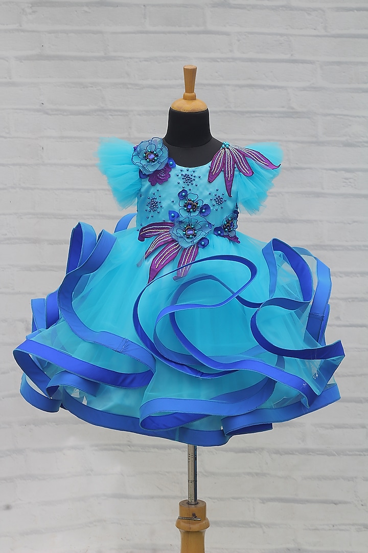 Aqua Blue Net & Satin Embroidered Twirl Gown For Girls by Li & Li Boutique at Pernia's Pop Up Shop