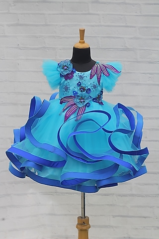 Aqua Blue Net & Satin Embroidered Twirl Gown For Girls by Li & Li Boutique