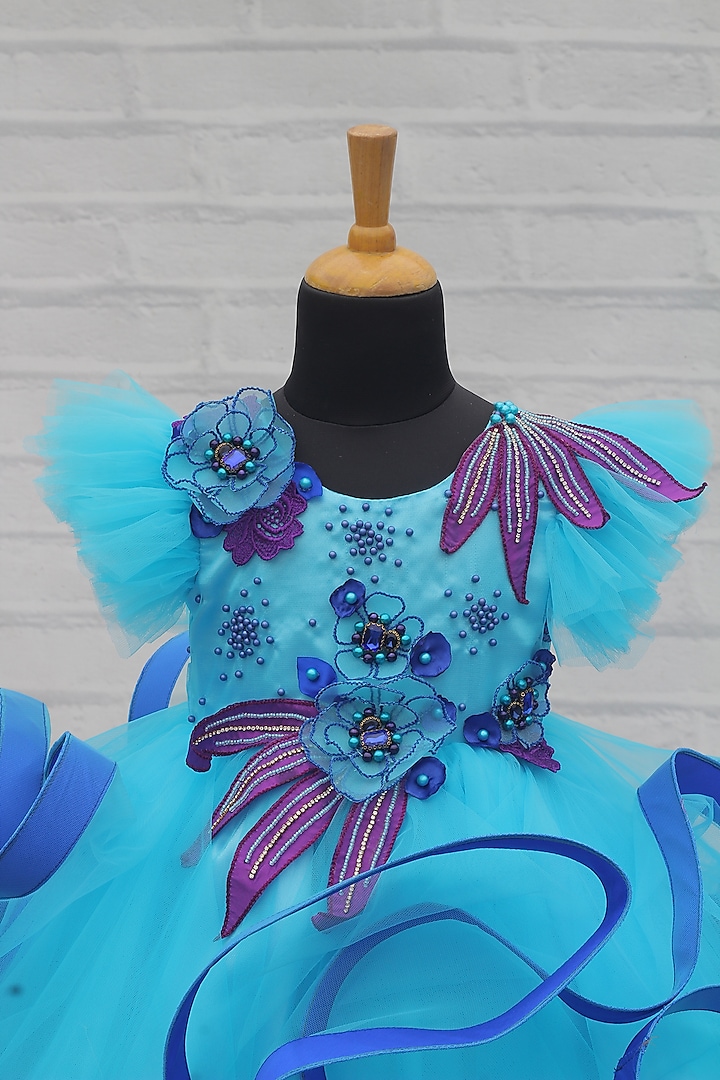 Aqua Blue Net & Satin Embroidered Twirl Gown For Girls by Li & Li Boutique at Pernia's Pop Up Shop