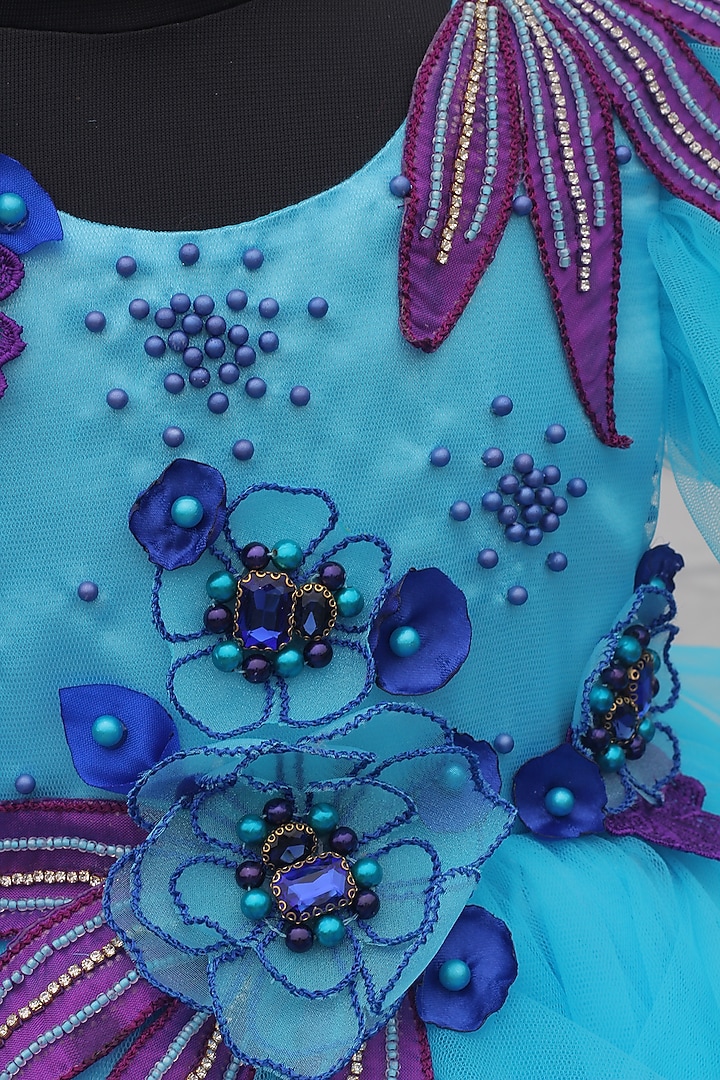 Aqua Blue Net & Satin Embroidered Twirl Gown For Girls by Li & Li Boutique at Pernia's Pop Up Shop