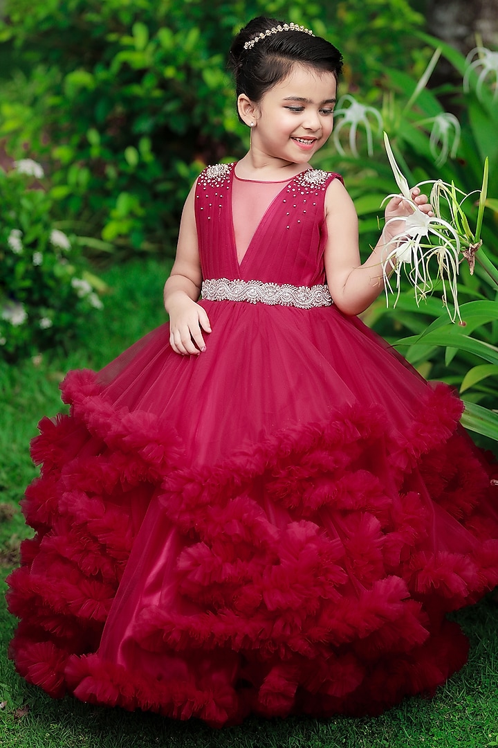 Wine Red Net & Satin Bead Embroidered Gown For Girls by Li & Li Boutique at Pernia's Pop Up Shop