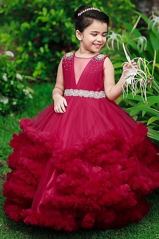 Wine Red Net & Satin Bead Embroidered Gown For Girls by Li & Li Boutique