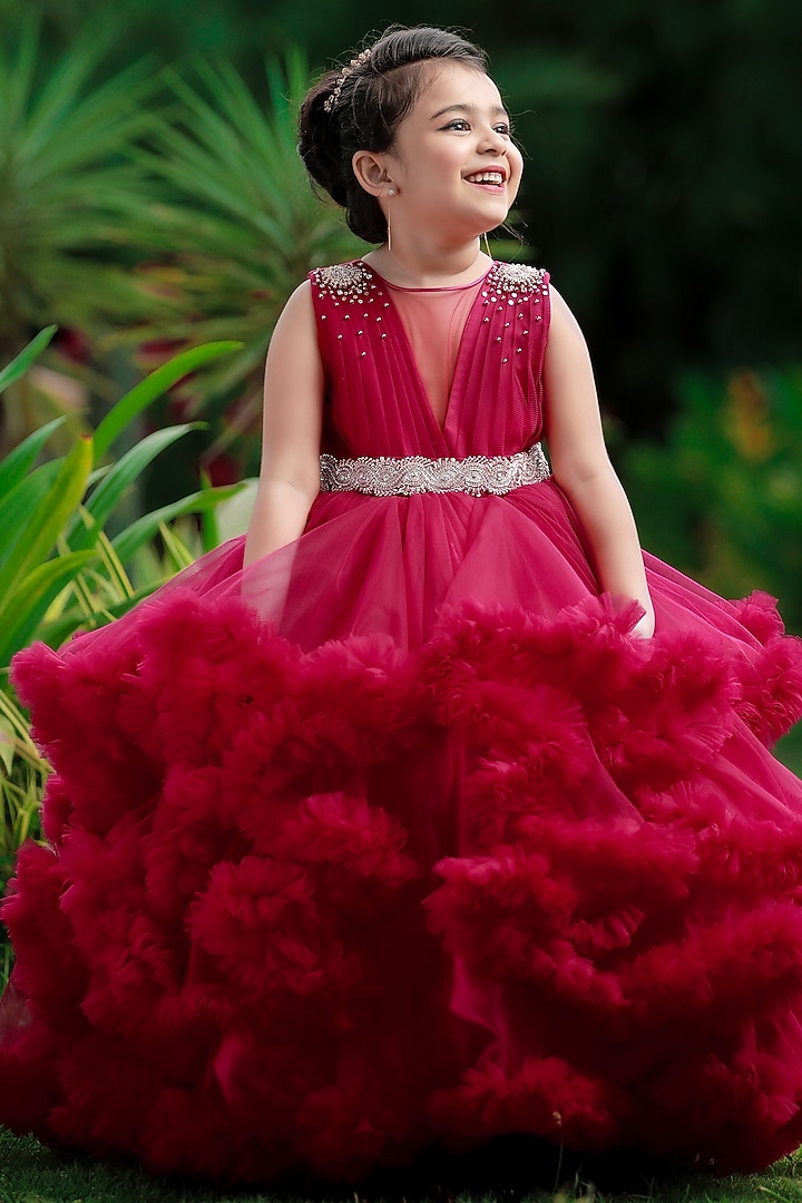 Wine Red Net & Satin Bead Embroidered Gown For Girls by Li & Li Boutique at Pernia's Pop Up Shop