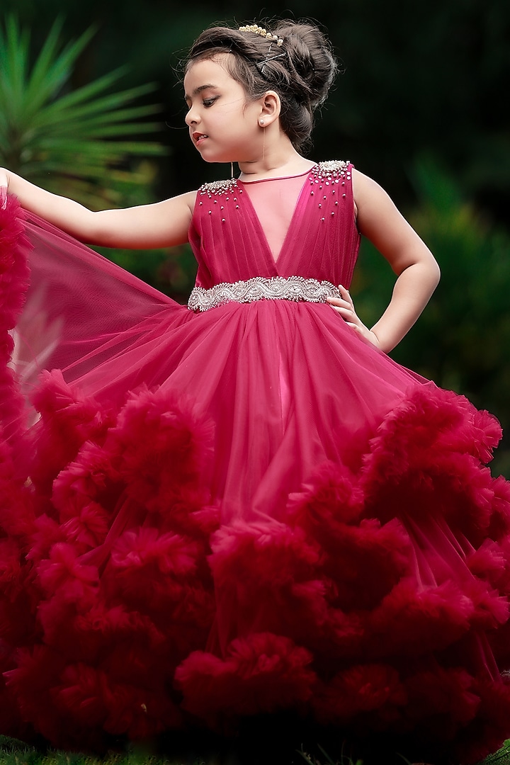 Wine Red Net & Satin Bead Embroidered Gown For Girls by Li & Li Boutique at Pernia's Pop Up Shop