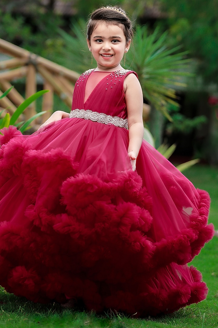 Wine Red Net & Satin Bead Embroidered Gown For Girls by Li & Li Boutique at Pernia's Pop Up Shop