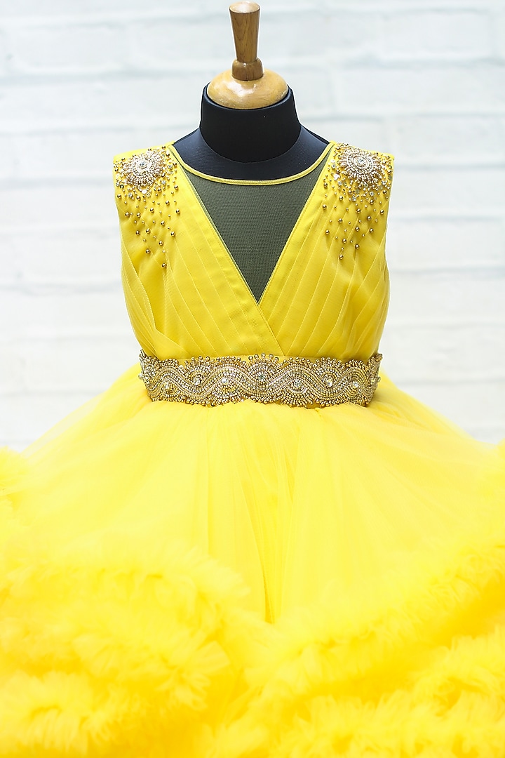 Lemon Yellow Net & Satin Embroidered Gown For Girls by Li & Li Boutique at Pernia's Pop Up Shop