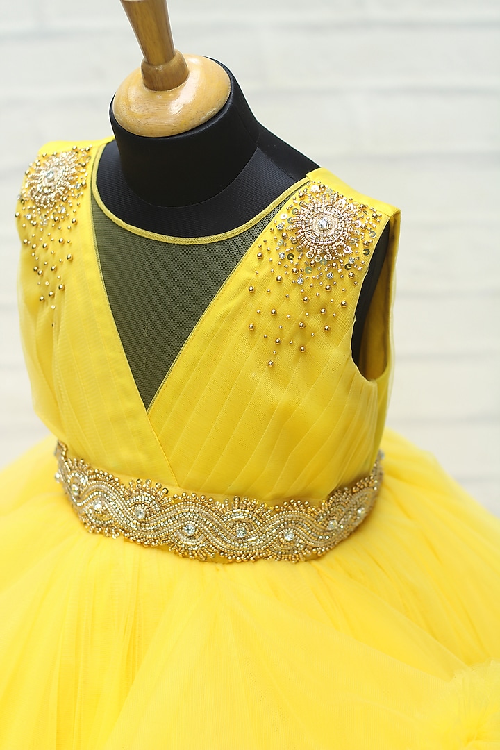 Lemon Yellow Net & Satin Embroidered Gown For Girls by Li & Li Boutique at Pernia's Pop Up Shop