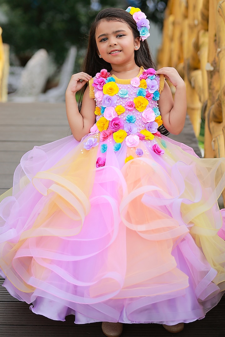 Light Lavender Net & Satin Floral Embroidered Gown For Girls by Li & Li Boutique at Pernia's Pop Up Shop