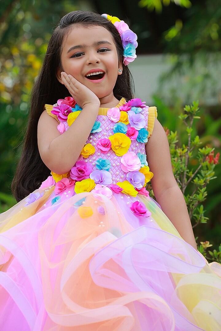Light Lavender Net & Satin Floral Embroidered Gown For Girls by Li & Li Boutique at Pernia's Pop Up Shop