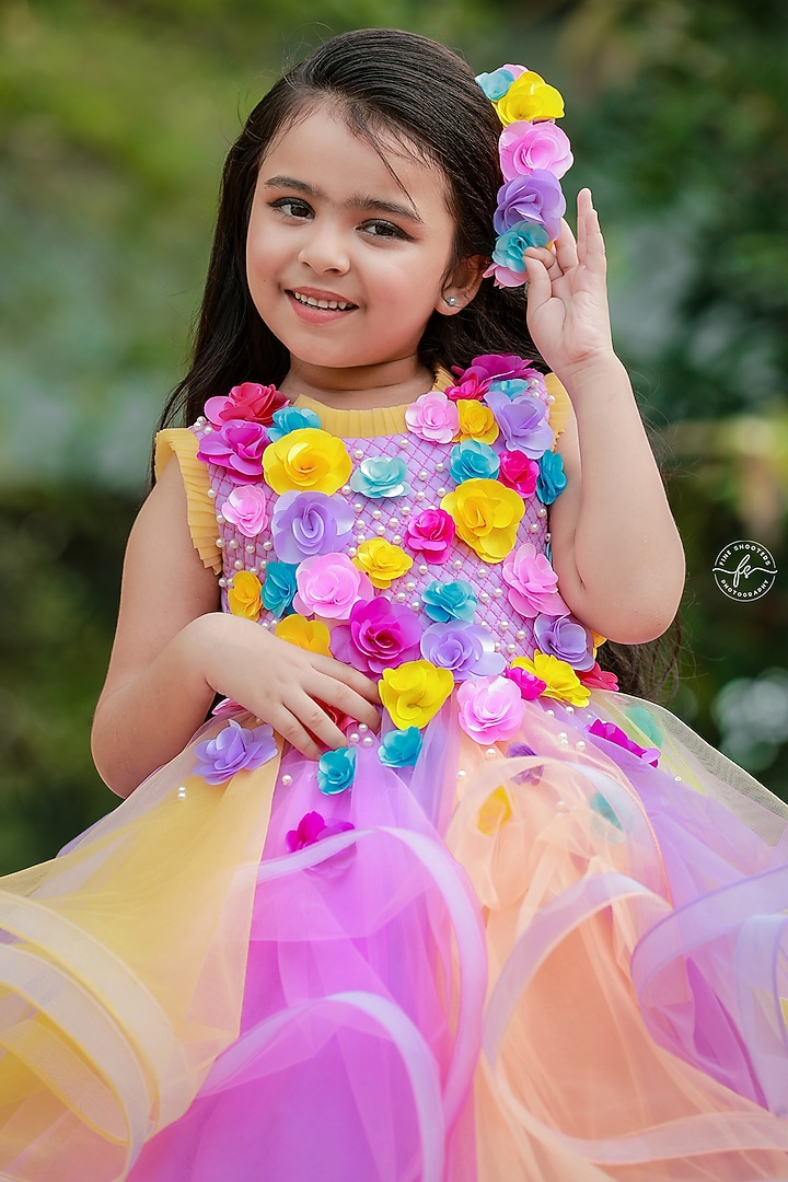 Light Lavender Net & Satin Floral Embroidered Gown For Girls by Li & Li Boutique at Pernia's Pop Up Shop
