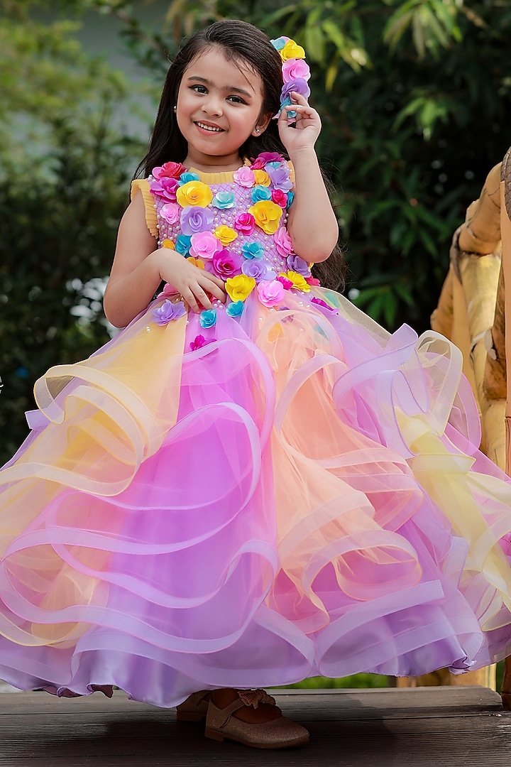 Light Lavender Net & Satin Floral Embroidered Gown For Girls by Li & Li Boutique at Pernia's Pop Up Shop
