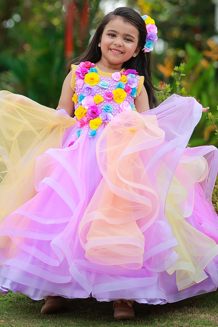 Light Lavender Net & Satin Floral Embroidered Gown For Girls by Li & Li Boutique at Pernia's Pop Up Shop